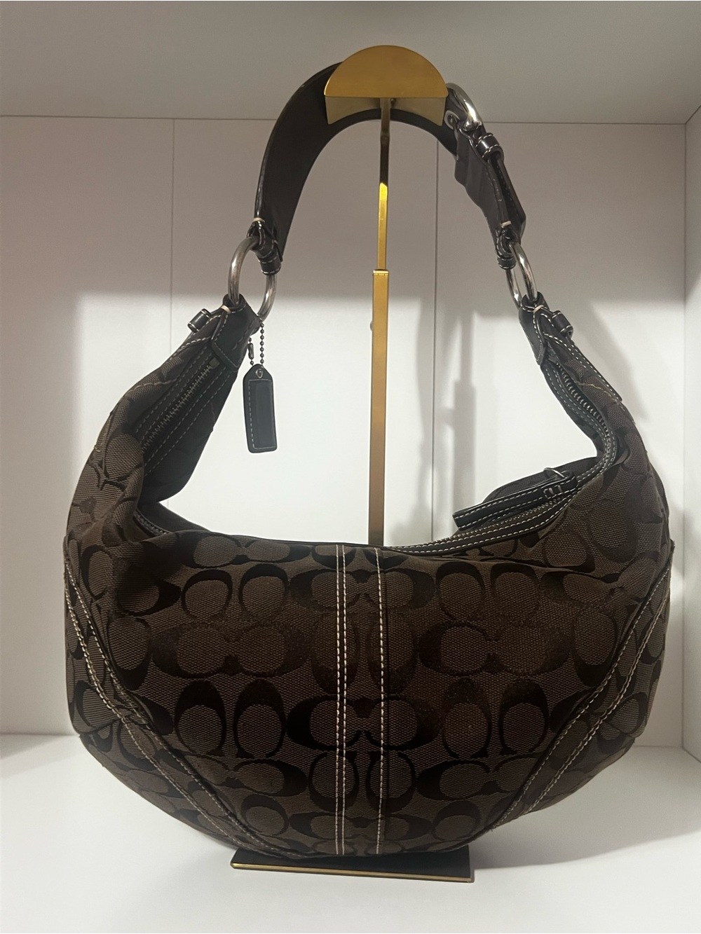 Coach Brown Signature Canvas Hobo Bag with Dark Brown Leather Trim